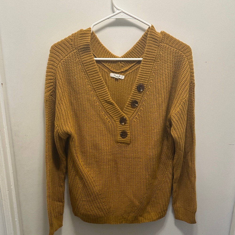 Maurices Mustard V-Neck Button-Front Knit Sweater